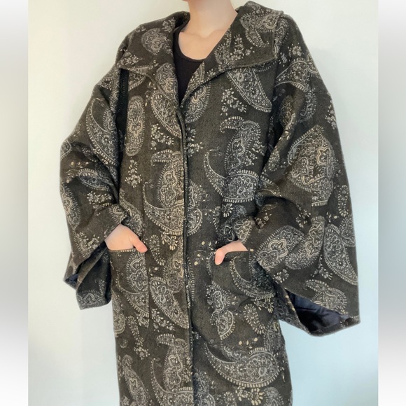 Vintage grey wool kimono coat / size 10 / paisley pattern - Picture 7 of 11
